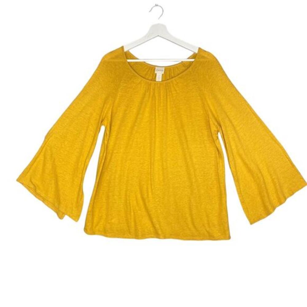 Chico's Shirt Womens Size 2 Medium Mustard Yellow Linen Blend Knit Flared Sleeve - Picture 1 of 7